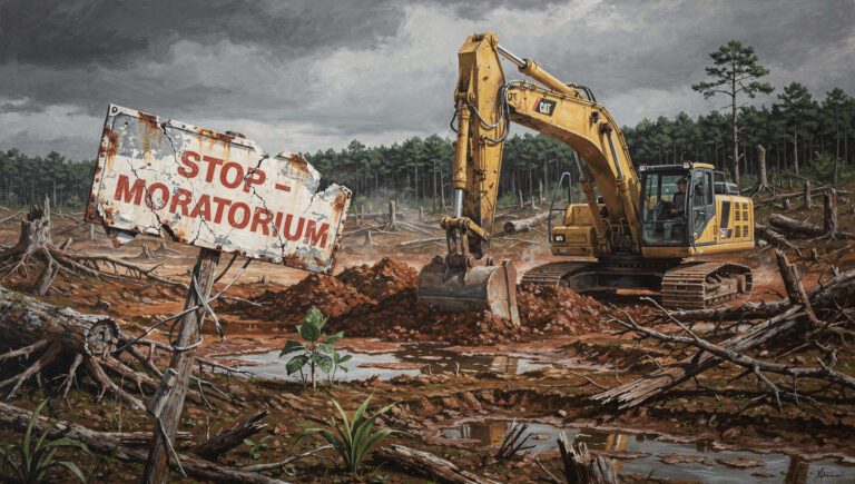 Ilustrasi kritik moratorium tambang dari sudut drone excavator tambang tetap beroperasi meski ada tanda “STOP” yang terkelupas