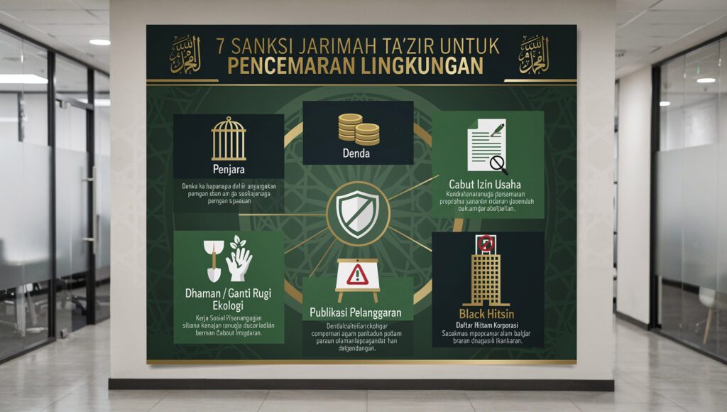 Infografis 7 sanksi jarimah takzir untuk pencemaran lingkungan: penjara, denda, cabut izin, ganti rugi, kerja sosial, publikasi, blacklist