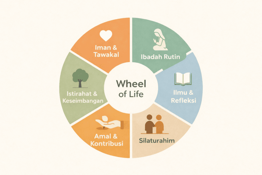 Infografis minimalis 6 pilar kesehatan mental islami, visualisasi konsep kesehatan mental dalam pandangan Islam yang holistik.