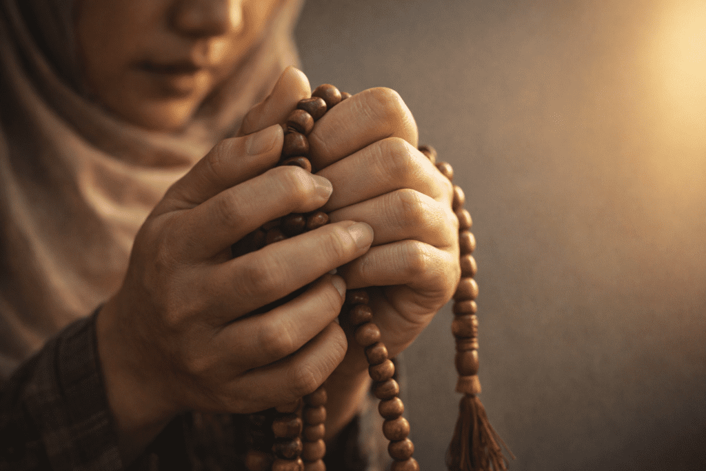 Close-up tangan memegang tasbih, simbol upaya cara menenangkan diri saat trauma dan hati saat dilanda kecemasan trauma.