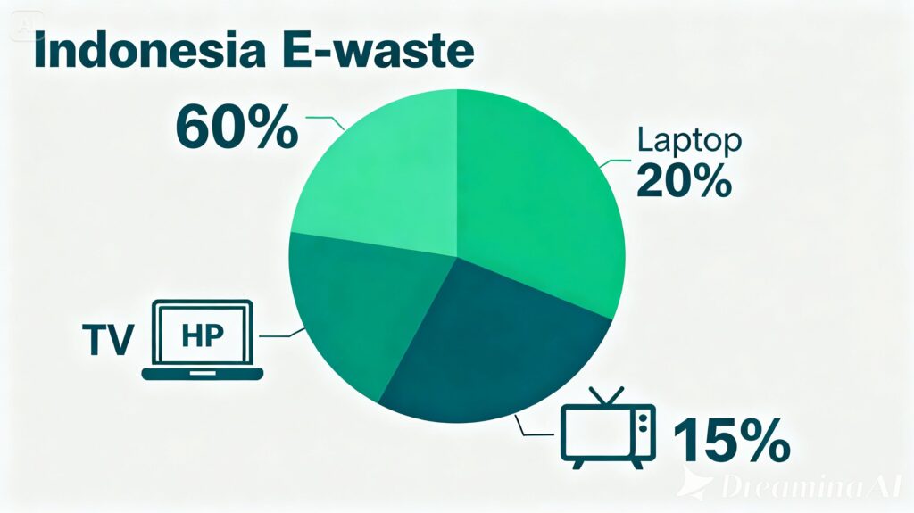 Infografis ijtihad-e-waste-syariah tentang komposisi e-waste Indonesia HP 60 persen laptop 20 persen TV 15 persen