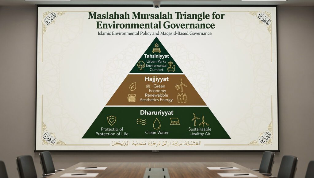Diagram piramida maslahah mursalah untuk kebijakan lingkungan: dharuriyyat (jiwa), hajiyyat (ekonomi), tahsiniyyat (kenyamanan)