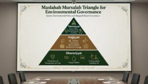 Diagram piramida maslahah mursalah untuk kebijakan lingkungan: dharuriyyat (jiwa), hajiyyat (ekonomi), tahsiniyyat (kenyamanan)