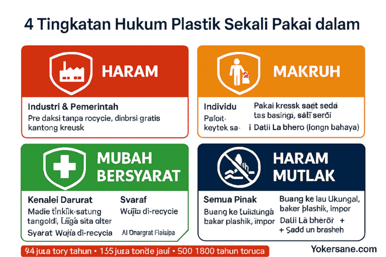 Ijtihad plastik perspektif islam - Infografis 4 tingkatan hukum plastik: haram (industri), makruh (individu), mubah bersyarat (darurat), haram mutlak (buang ke laut)