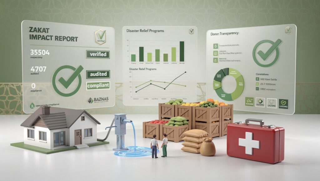 Ilustrasi dampak terverifikasi zakat bencana dengan badge audit dan kepercayaan donor