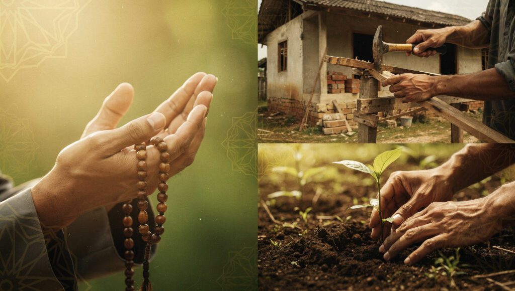 Ilustrasi doa dan usaha split image tangan berdoa di satu sisi, tangan bekerja (membangun, menanam) di sisi lain - simbol tawakkal sejati