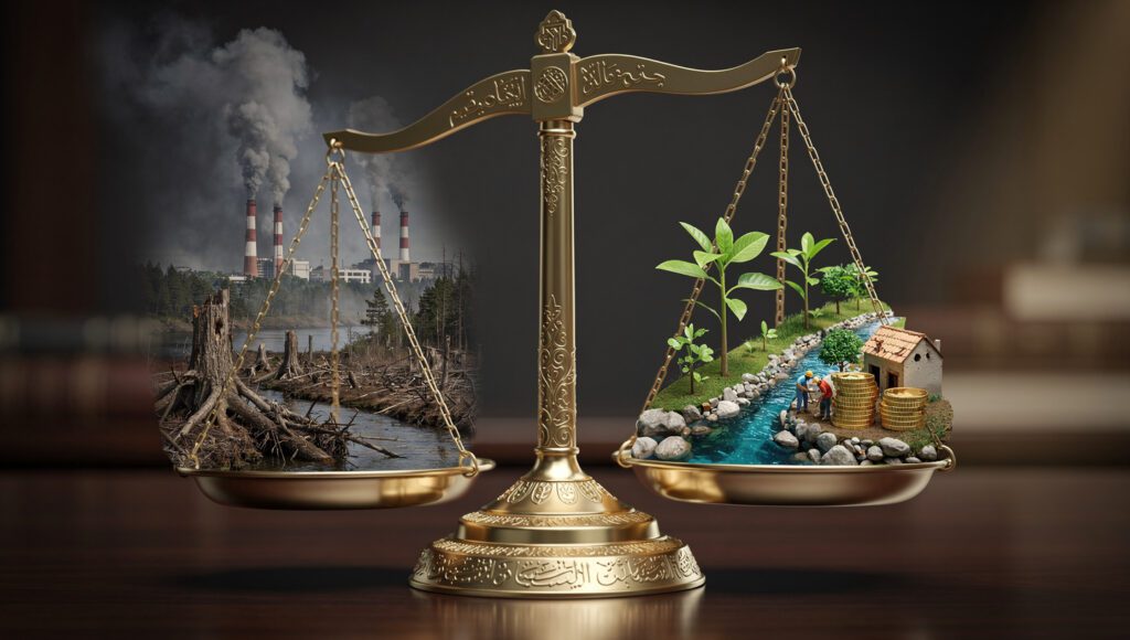 Ilustrasi konsep dhaman (ganti rugi) ekologi: timbangan keadilan dengan kerusakan hutan di satu sisi, kompensasi rehabilitasi di sisi lain