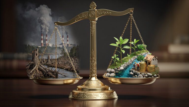 Ilustrasi konsep dhaman (ganti rugi) ekologi: timbangan keadilan dengan kerusakan hutan di satu sisi, kompensasi rehabilitasi di sisi lain