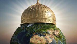 Ilustrasi konsep khilafah (kepemimpinan) dalam menjaga lingkungan kubah masjid dengan bumi hijau sebagai simbol tanggung jawab negara Islam