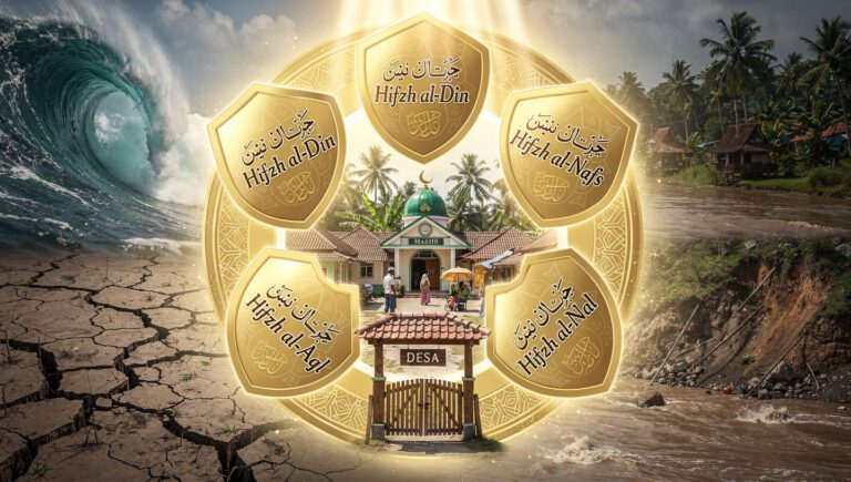 Ilustrasi maqashid syariah sebagai perisai melindungi komunitas dari bencana 5 pilar maqashid mengelilingi desa aman