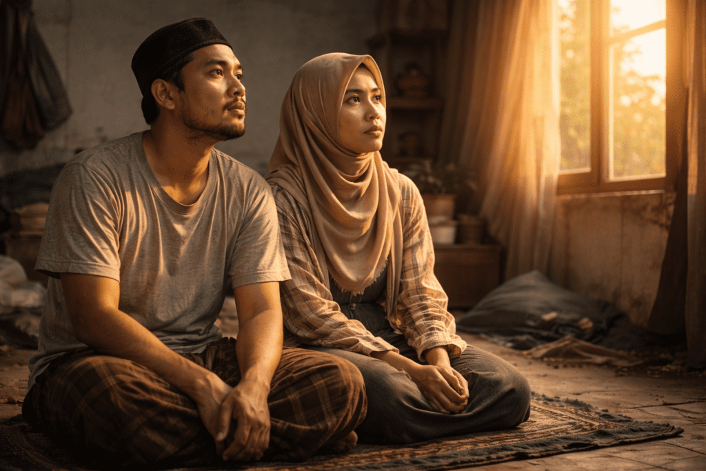 lustrasi pria dan wanita Muslim menemukan ketenangan hati di tengah situasi pasca bencana dengan cahaya harapan.