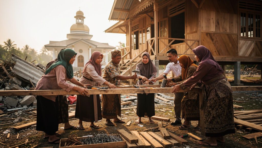 Ilustrasi rehabilitasi korban bencana gotong royong membangun kembali rumah sebagai simbol pemulihan berbasis nilai Islam