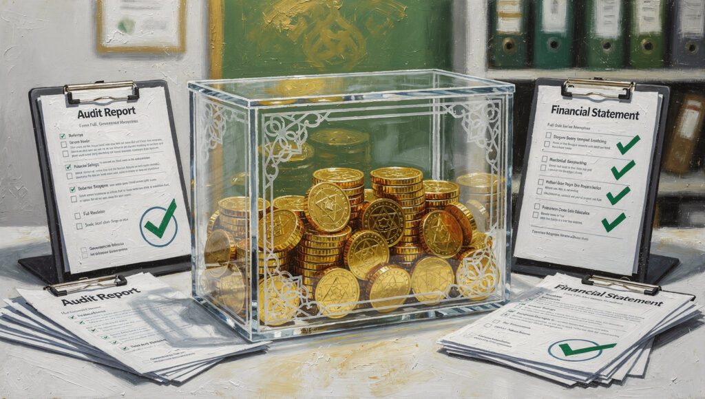 Ilustrasi transparansi amil zakat: kotak transparan berisi koin zakat dengan laporan audit di latar sebagai simbol akuntabilitas penuh