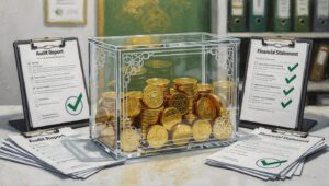 Ilustrasi transparansi amil zakat: kotak transparan berisi koin zakat dengan laporan audit di latar sebagai simbol akuntabilitas penuh