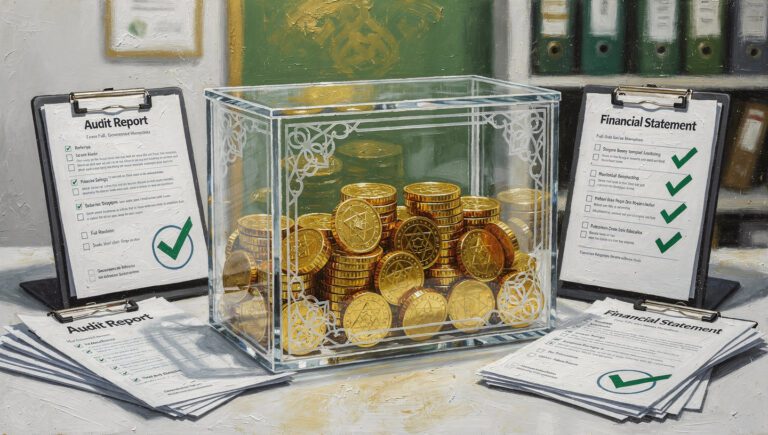 Ilustrasi transparansi amil zakat: kotak transparan berisi koin zakat dengan laporan audit di latar sebagai simbol akuntabilitas penuh
