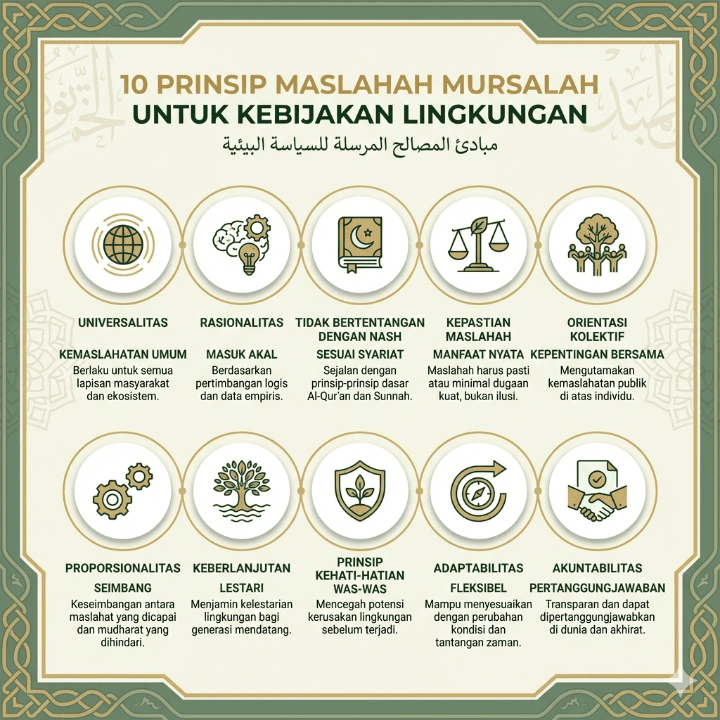 Infografis 10 prinsip maslahah mursalah untuk kebijakan lingkungan berdasarkan fikih Imam Malik dan maqashid syariah