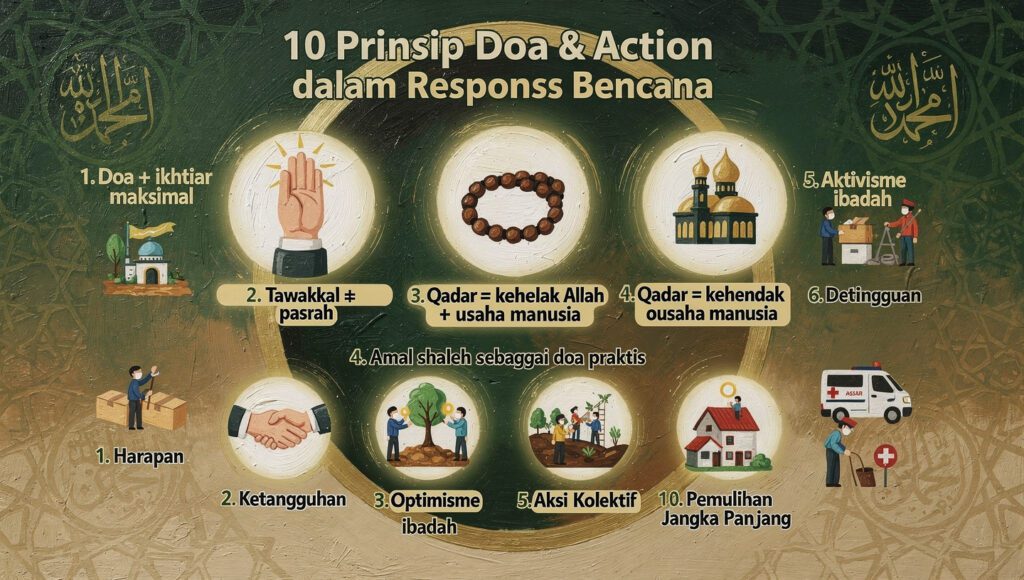 Infografis 10 prinsip teologi kerja bencana keseimbangan doa dan usaha dalam respons bencana menurut Islam