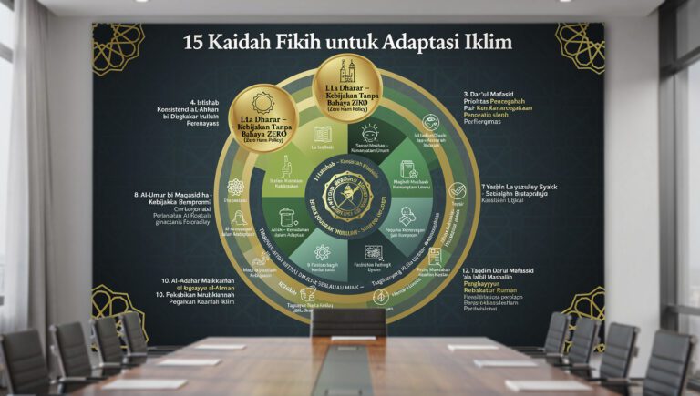 Infografis 15 qawaid fiqhiyyah untuk climate adaptation: kaidah-kaidah fikih klasik diterapkan untuk strategi adaptasi iklim modern