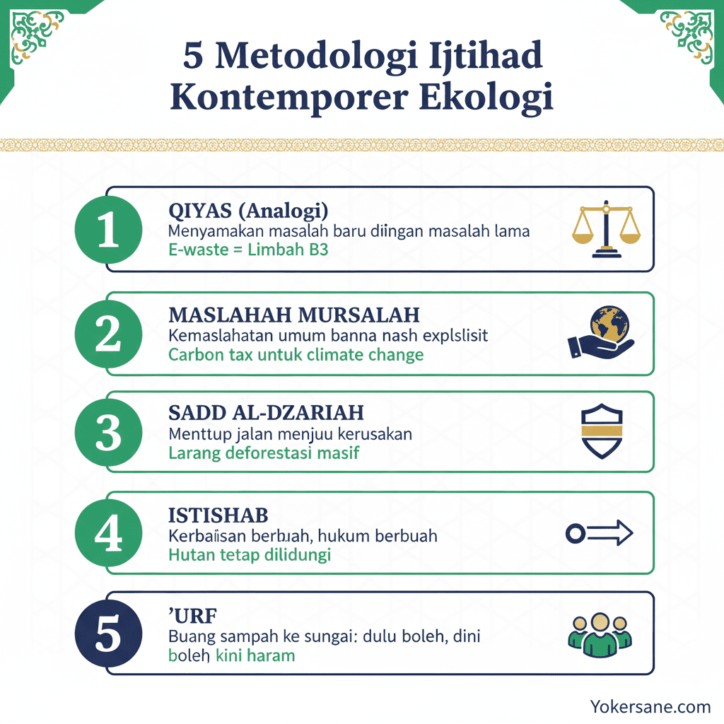 Ijtihad kontemporer ekologi - Infografis 5 metodologi ijtihad untuk masalah lingkungan modern: qiyas, maslahah mursalah, sadd al-dzariah, istishab, dan urf