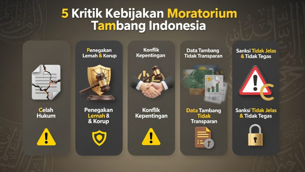 Infografis 5 kelemahan kebijakan moratorium tambang Indonesia loopholes hukum, enforcement lemah, conflict of interest, data tidak transparan, sanksi tidak jelas
