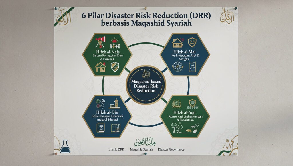 Infografis 6 pilar disaster risk reduction berbasis maqashid syariah hifzh al-nafs, al-mal, al-nasl, al-din, al-aql, al-bi'ah