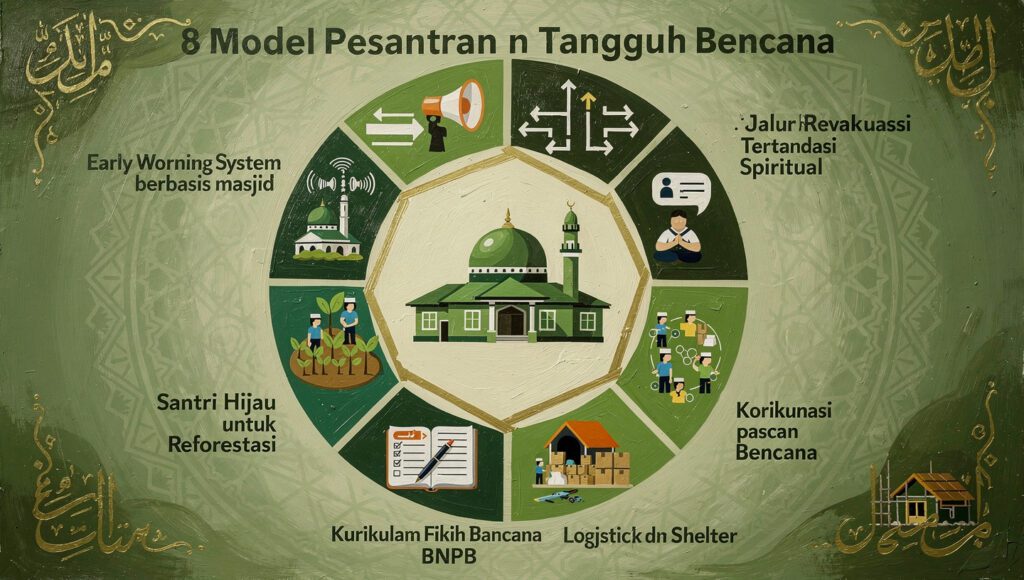 Infografis 8 model pesantren tangguh bencana early warning, evakuasi, trauma healing, reforestasi, edukasi, koordinasi, logistik, rehabilitasi