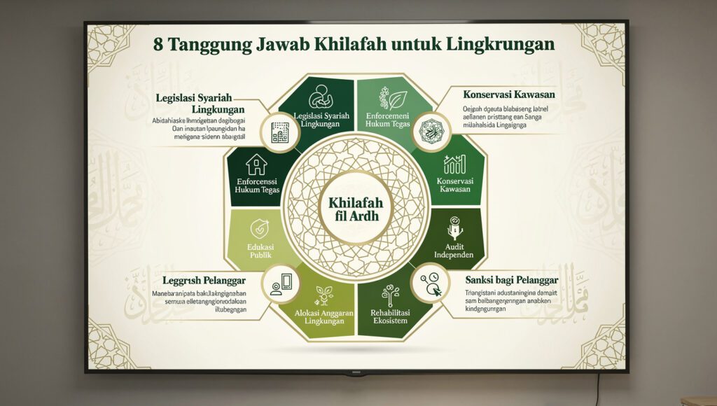 Infografis 8 Tanggung Jawab Khilafah Lingkungan Islam, enforcement, konservasi, edukasi, anggaran, audit, sanksi, rehabilitasi