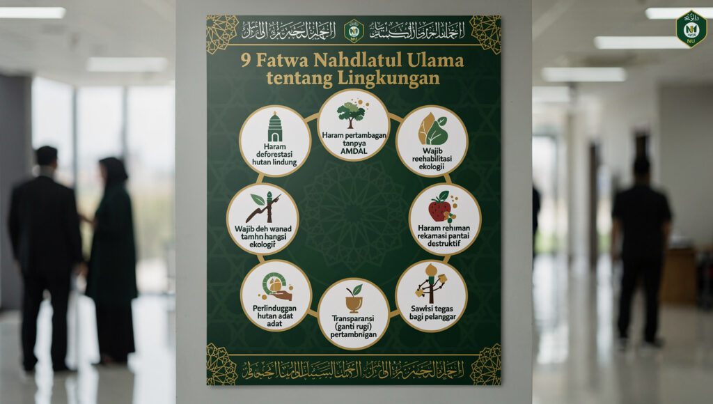 Infografis 9 fatwa NU tentang deforestasi dan tambang hasil bahtsul masail tentang hutan lindung, pertambangan ilegal, rehabilitasi ekologi