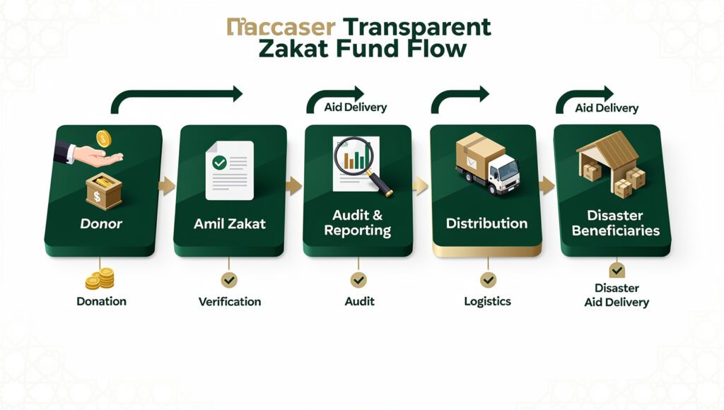 Infografis yang menampilkan dashboard audit dan checklist tata kelola dengan 13 kriteria akuntabilitas amil zakat bencana, menekankan transparansi pelaporan, kepatuhan, dan pengawasan untuk membangun kepercayaan donor.