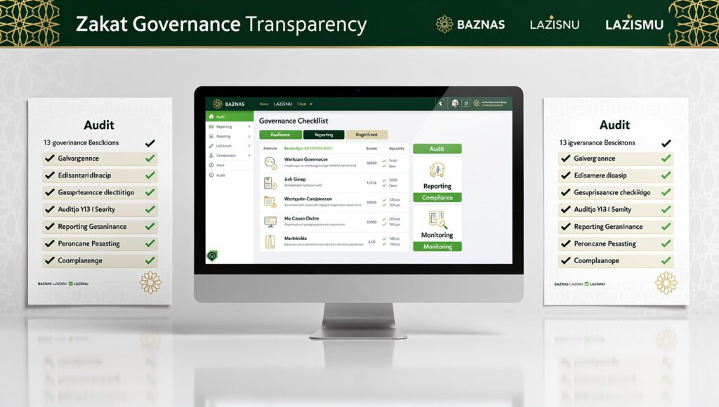 Visualisasi transparansi amil zakat melalui kotak kaca bening berisi koin emas zakat dengan laporan audit lengkap dan checklist tata kelola di latar belakang, mewakili 13 kriteria amil zakat bencana yang transparan dan akuntabel untuk lembaga seperti BAZNAS, LAZISNU, dan LAZISMU.