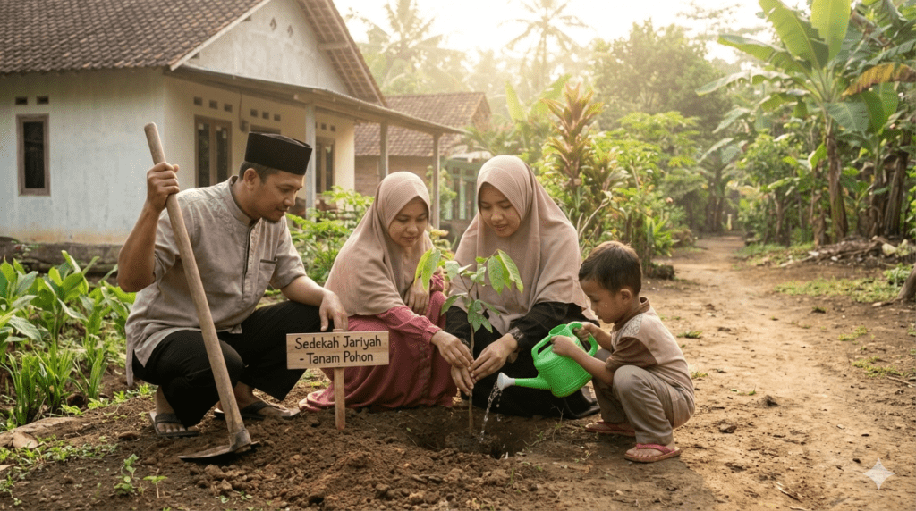 Keluarga Muslim menanam pohon sebagai sedekah jariyah tanam pohon sejak dini