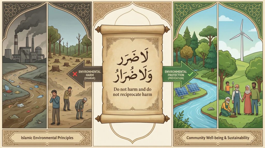 la dharar wa la dhirar sebagai kaidah fikih Islam yang melarang pencemaran air, udara, dan hutan
