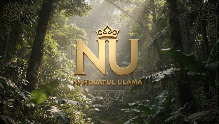 Logo Nahdlatul Ulama dengan latar hutan hijau, mewakili fatwa NU tentang deforestasi dan pertambangan yang merusak lingkungan