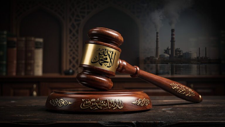 Ilustrasi jarimah takzir untuk pencemaran lingkungan: palu hakim dengan kaligrafi Islam sebagai simbol sanksi syariah ekologi