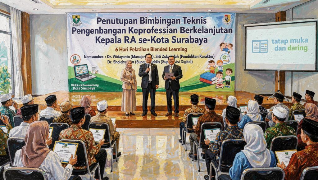 Penutupan Bimtek  Kepala RA Surabaya bersama 30 peserta dan narasumber BDK Surabaya