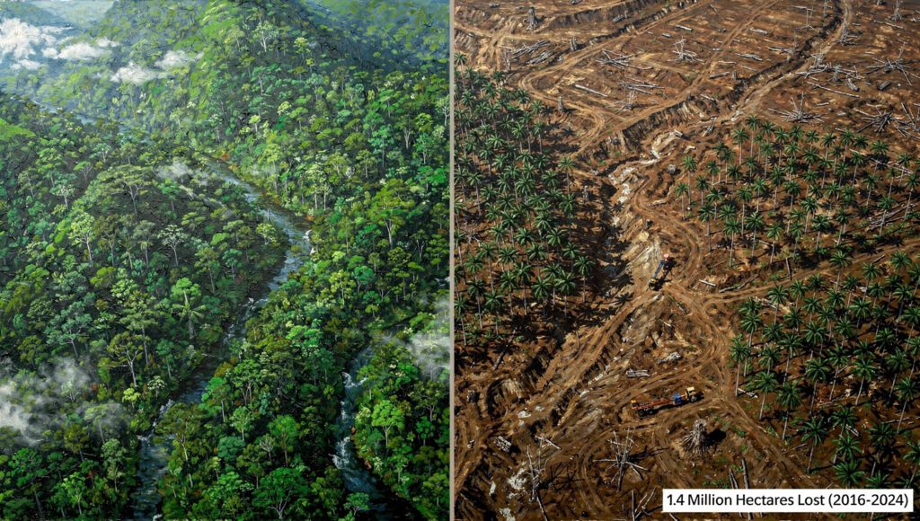 Citra satelit deforestasi masif Aceh 2016-2024: 1.4 juta hektar hutan hilang akibat 631 perusahaan sawit dan tambang