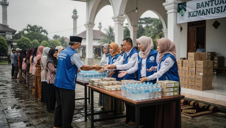 Relawan muslim membantu distribusi bantuan secara tertib dan penuh hormat di posko bencana, adab menghadapi bencana alam