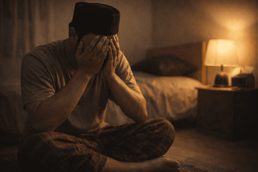 Pria Muslim sedang berusaha tenang dengan mengambil napas dalam, merepresentasikan cara menenangkan diri saat trauma secara islami.