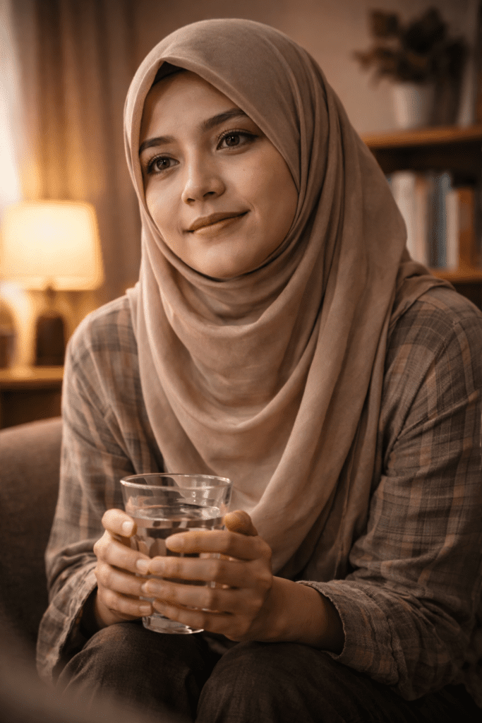 Seorang wanita berjilbab duduk di sebuah ruang konseling yang nyaman. Ekspresinya campuran antara lega dan sedih, dengan senyum tipis sambil ada air mata di pelupuk mata.