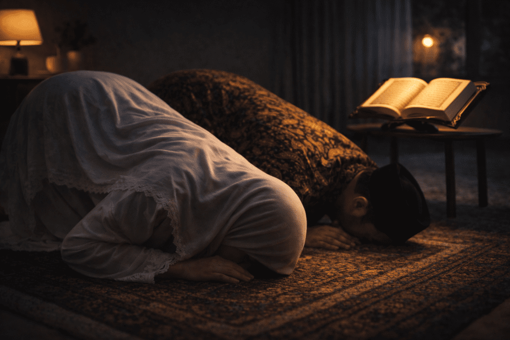 Wanita Muslim dan suami bersujud khusyuk di malam hari, ilustrasi kekuatan doa untuk orang yang mengalami trauma.