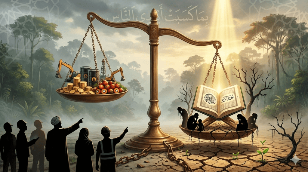 Ilustrasi konsep dhaman (ganti rugi) dalam Islam: timbangan keadilan menimbang profit perusahaan vs kerusakan ekologi hutan Aceh
