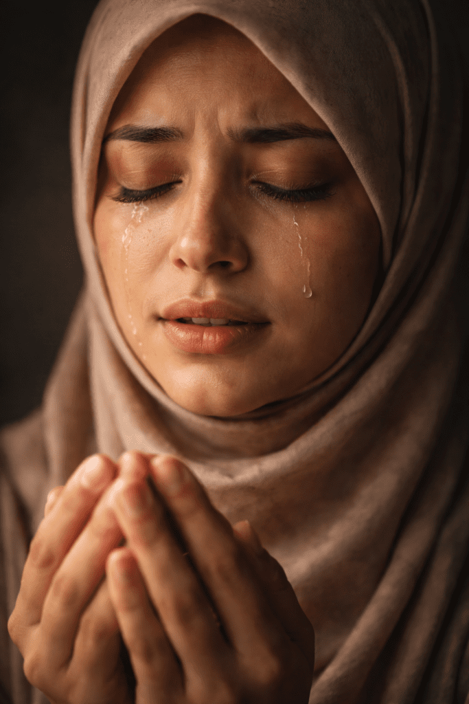 Close-up wajah wanita Muslim menangis sambil berdoa, ilustrasi pergulatan emosi dan spiritual tentang menangis berlebihan saat musibah.