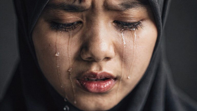 Close-up wajah wanita Muslim menangis sambil berdoa, ilustrasi pergulatan emosi dan spiritual tentang menangis berlebihan saat musibah.