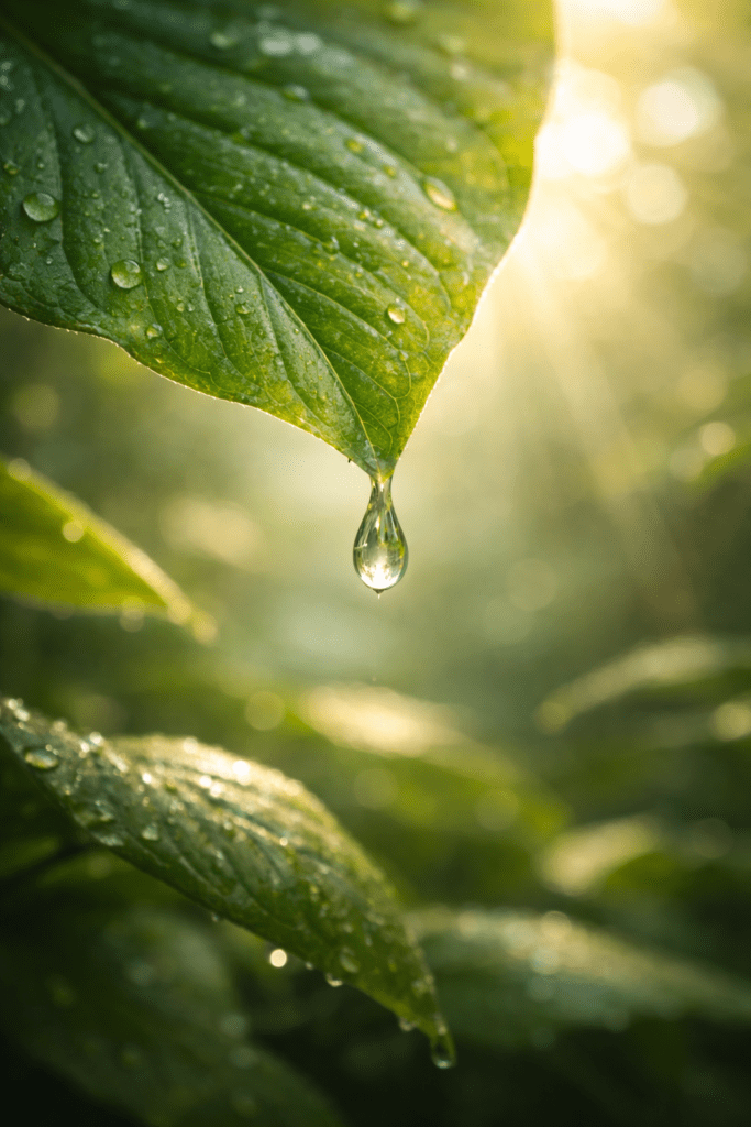 Tetesan air jernih di ujung daun hijau, simbol kesedihan yang murni dan alami dalam membahas menangis berlebihan saat musibah.