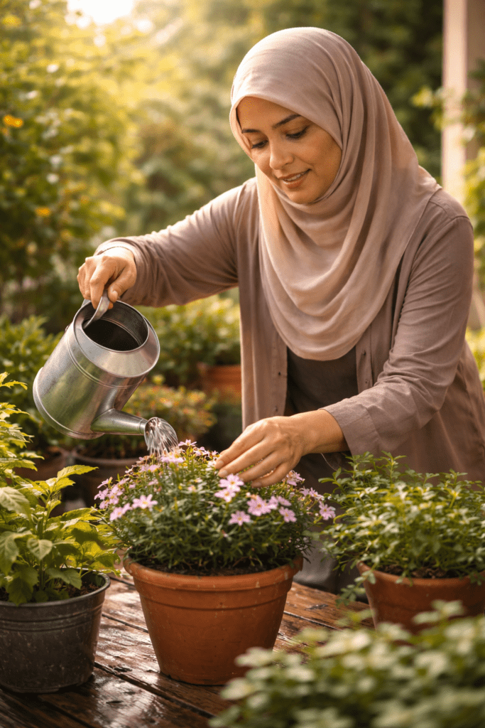 Wanita Muslim merawat tanaman dengan tenang, merepresentasikan tindakan aktif dalam cara bangkit dari kehilangan menurut Islam.