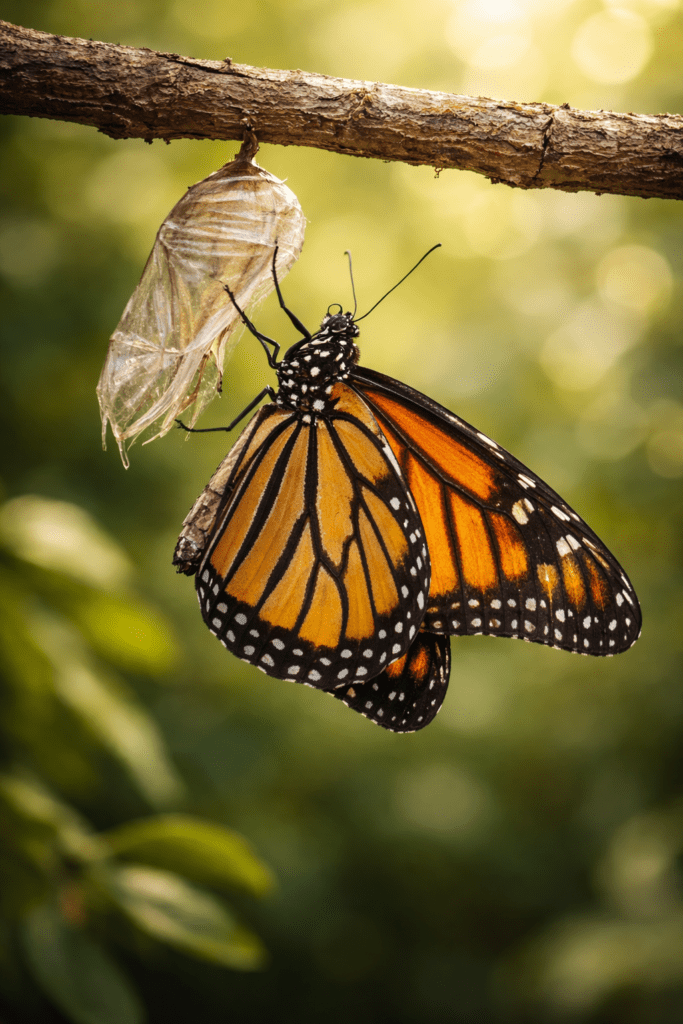 Kupu-kupu monark keluar dari kepompong, simbol transformasi dan cara bangkit dari kehilangan menurut Islam yang penuh harapan.