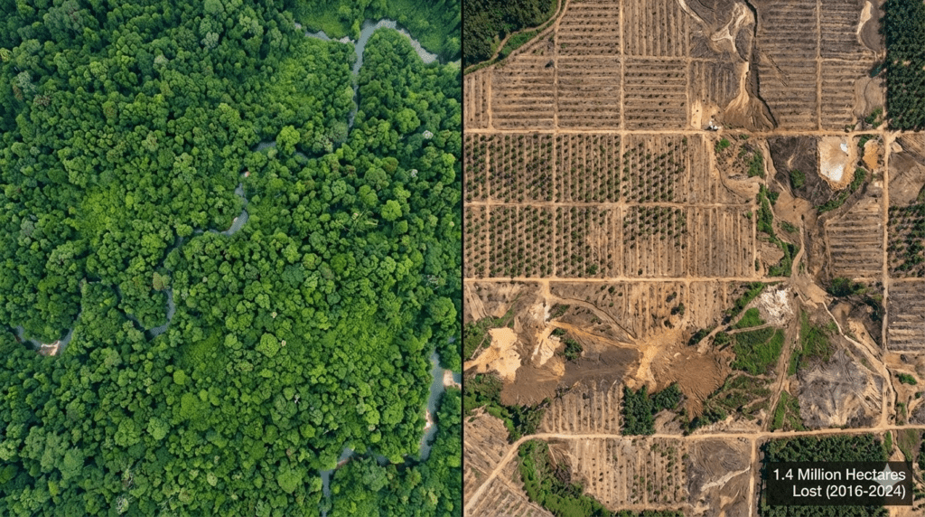Citra satelit deforestasi masif Aceh 2016-2024: 1.4 juta hektar hutan hilang akibat 631 perusahaan sawit dan tambang