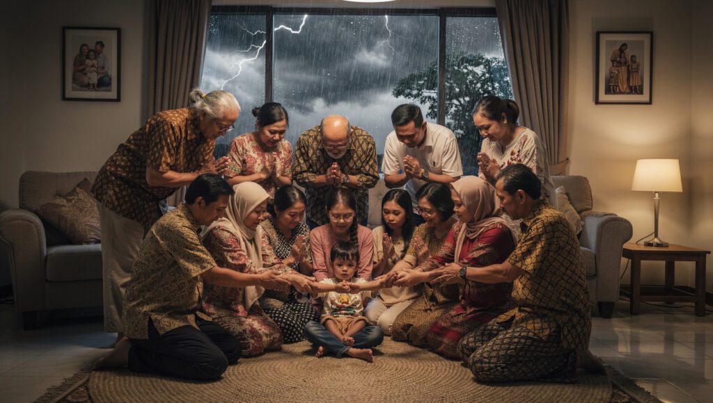 Keluarga besar muslim berdoa bersama membentuk lingkaran perlindungan saat badai mendekat, doa keselamatan keluarga saat musibah