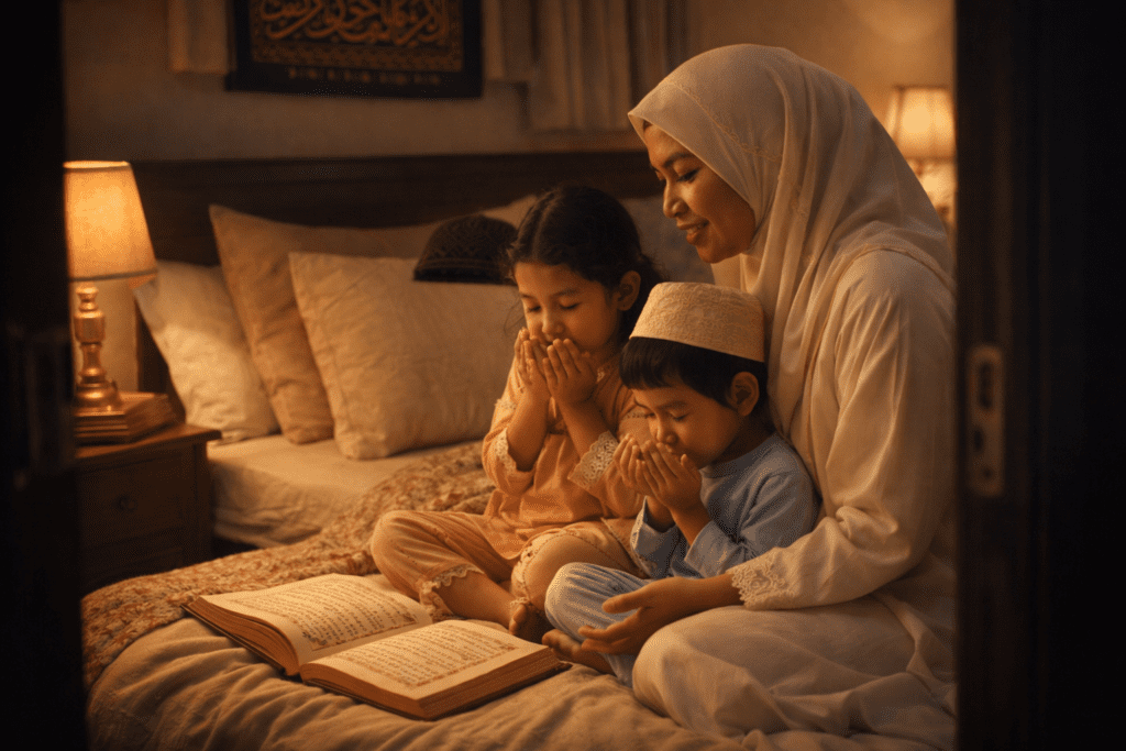 Ibu muslimah membacakan kumpulan doa perlindungan dari berbagai bencana kepada anak-anaknya