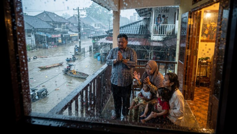 Keluarga muslim berdoa bersama di lantai dua rumah saat banjir melanda permukiman